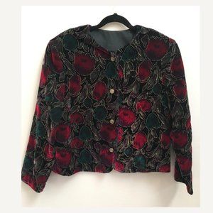 Vintage Floral Black, Emerald Green, Red + Gold Velvety Cardigan/Light Jacket